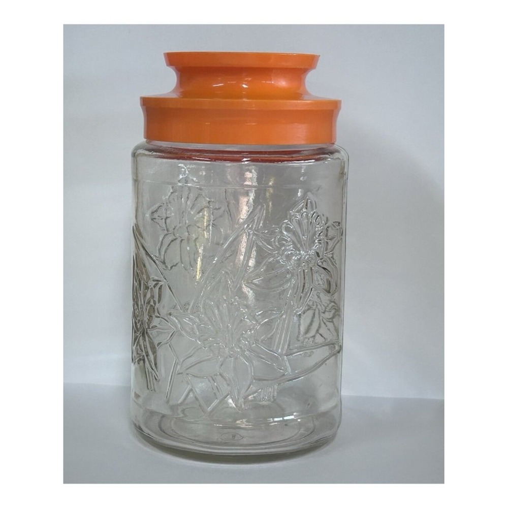 Vtg Tang Daffodil Glass Storage Jar Orange Lid VTG Marked "L" not AH ?